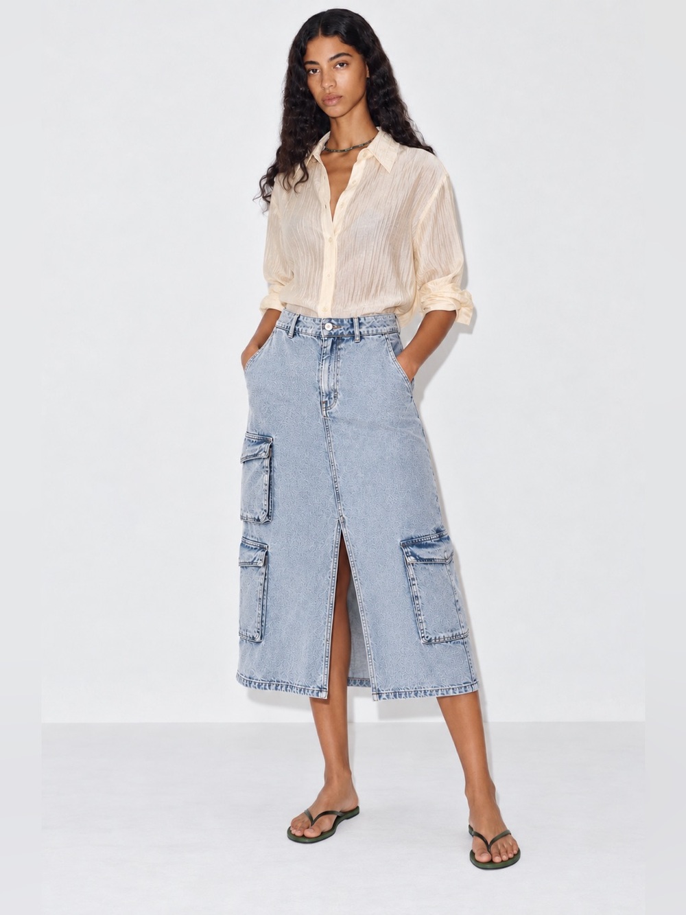 Aeropostale cargo maxi skirt Light Blue Denim Cargo Midi Skirt with Front Slit